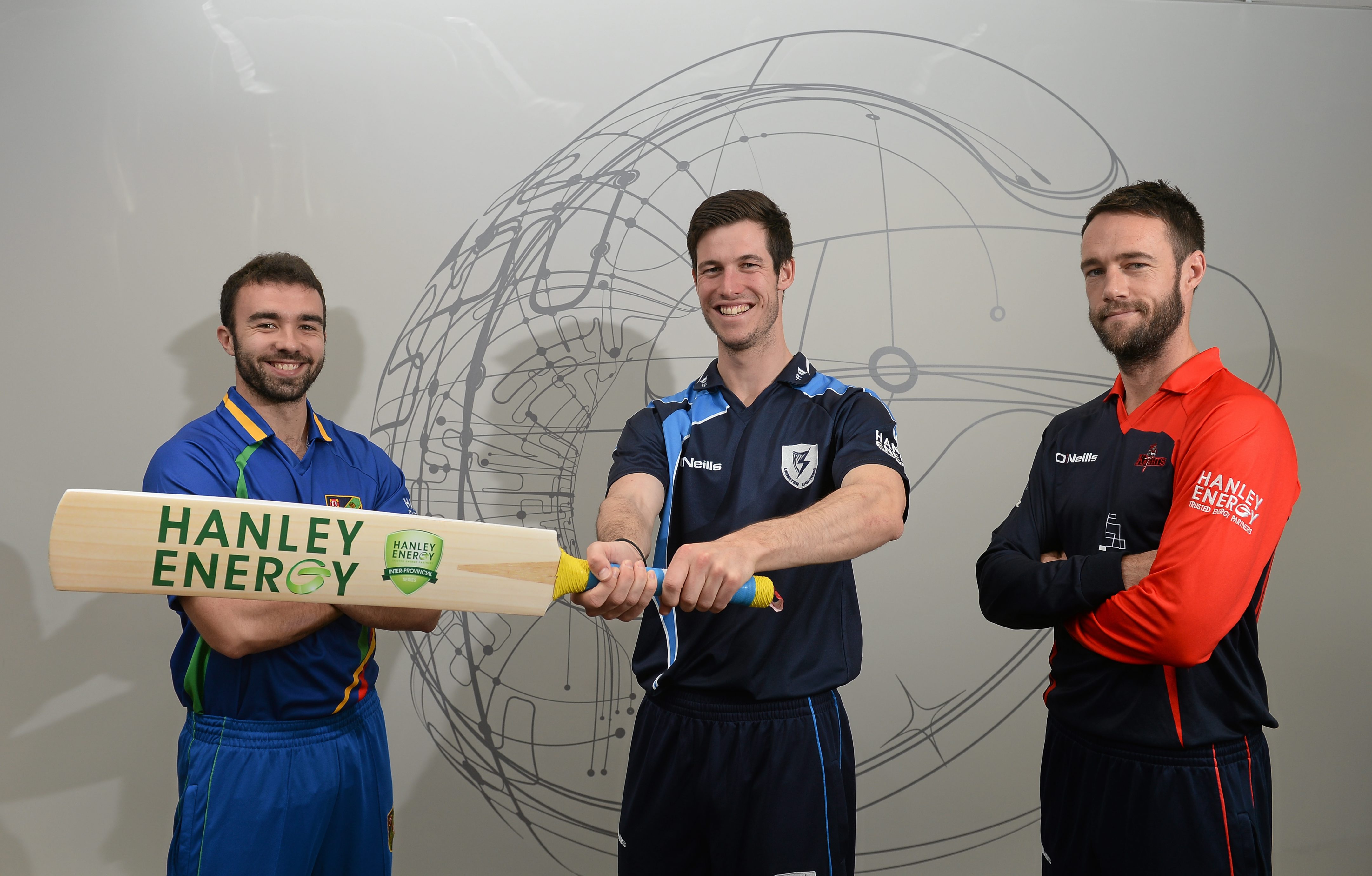 North West Warriors Stuart Thompson, Leinster Lightnings George Dockrell and Northern Knights Nigel Jones at the launch of the 2016 Hanley Energy Inter-Provincial Series at Hanley Energys headquarters in Stamullen, Co. Meath.