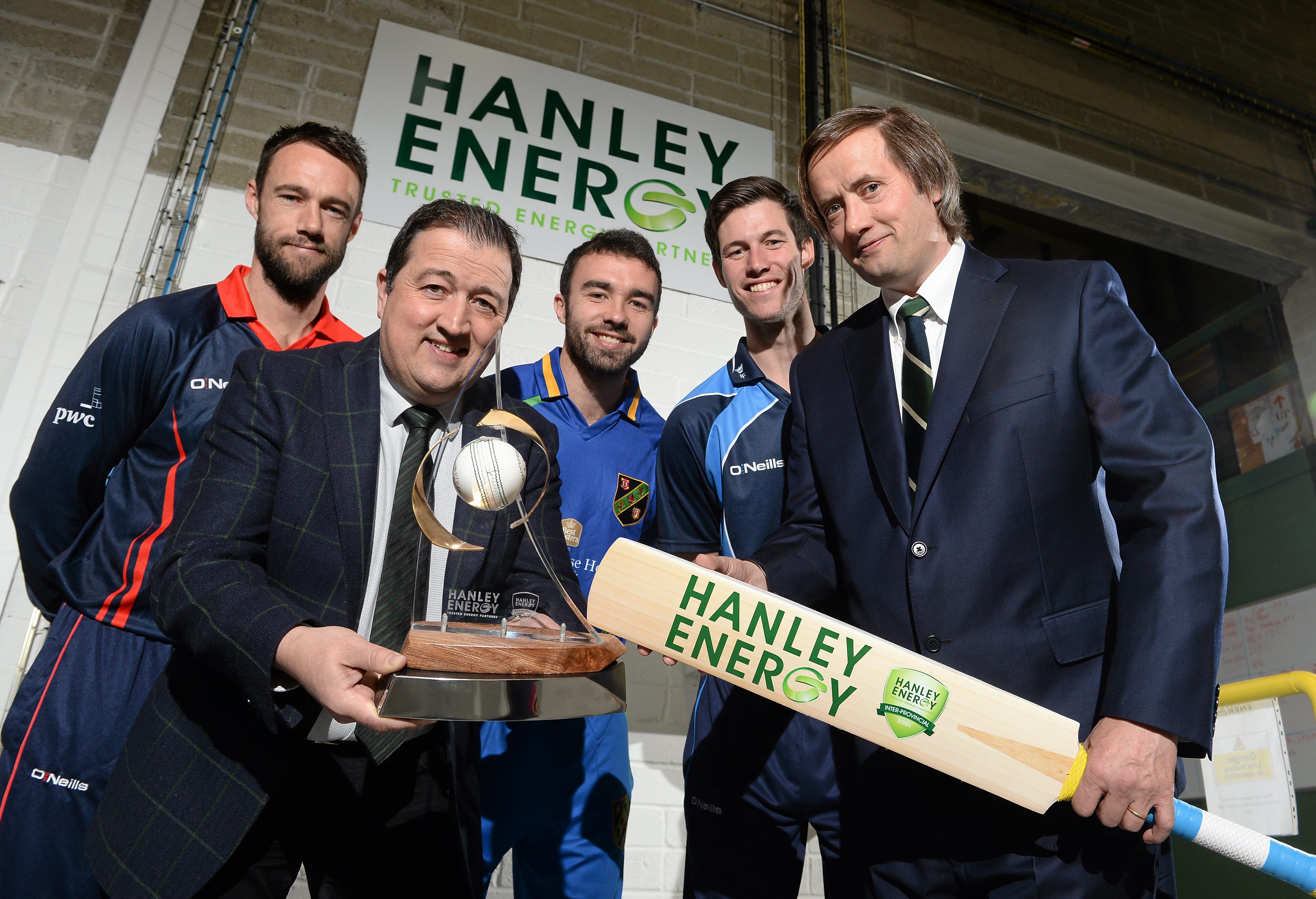 Northern Knights Nigel Jones, Dennis Nordon MD Hanley Energy, North West Warriors Stuart Thompson, Leinster Lightnings George Dockrell and Clive Gilmore, CEO Hanley Energy at the launch of the 2016 Hanley Energy Inter-Provincial Series at Hanley Energys headquarters in Stamullen, Co. Meath.